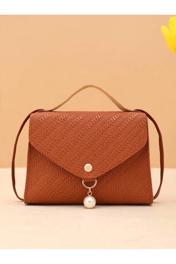Brown Woven Envelope Crossbody Handbag With Pearl Charm And Top Handle