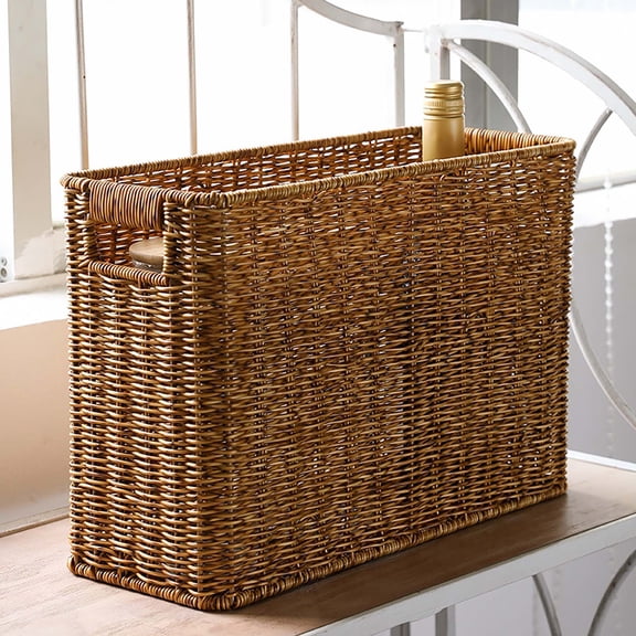 Brown Woven Leather Magazine Holder | Storage Basket with Handles for Office Living Room or Bathroom | Vertical Magazine File Organizer