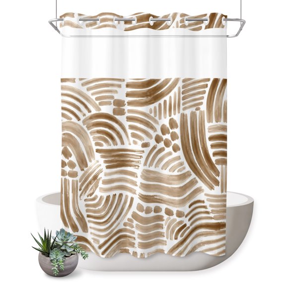 Brown Woven Lines No Hook Shower Curtain Country Abstract Watercolor Brown Brushstrokes Shower Curtain with Mesh Top Window, Waterproof Washable Fabric Curtain for Bathroom Hotel Decor, 72Wx96L