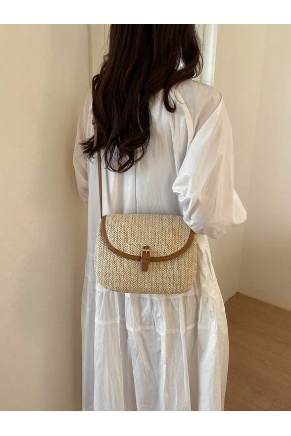 Brown Woven Raffia Saddle Crossbody Bag With Leather Buckle Strap