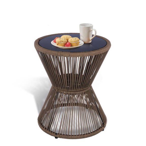 Brown Woven Rope Outdoor Side Table with Tempered Glass Top, 20 H