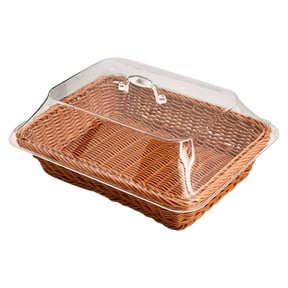 Brown Woven Serving Basket with Acrylic Cover Imitation Rattan Rectangular Storage Basket Bread Fruit Display Organizer for Kitchen Countertop, 14X14In, 1Pcs