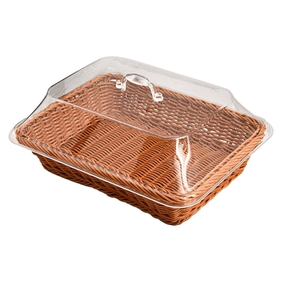 Brown Woven Serving Basket with Acrylic Cover Imitation Rattan Rectangular Storage Basket Bread Fruit Display Organizer for Kitchen Countertop, 14X14In, 1Pcs
