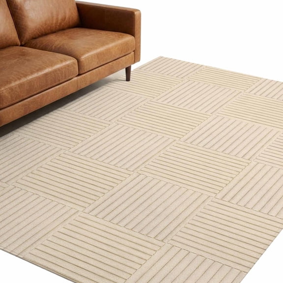 Brown Woven Strips 9'x12' Large Area Rugs Beige Woven Texture Cream Square Blocks Washable Area Rugs Non-Slip Indoor Floor Mats for Villa Parlour, Hotel Lounge, Recreation Room