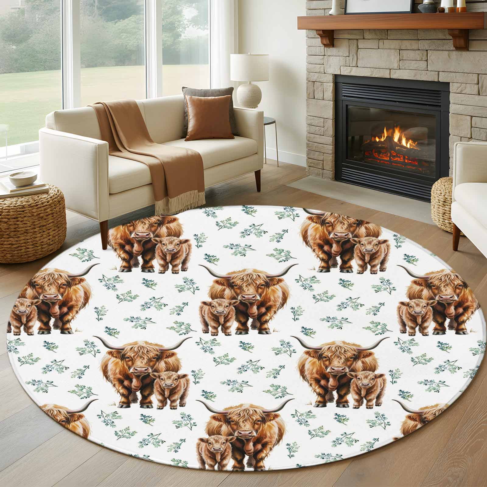 Round Animal Rug Brown Yak Round Area Rug 5Ft Washable Circle Rugs for Living Room ...