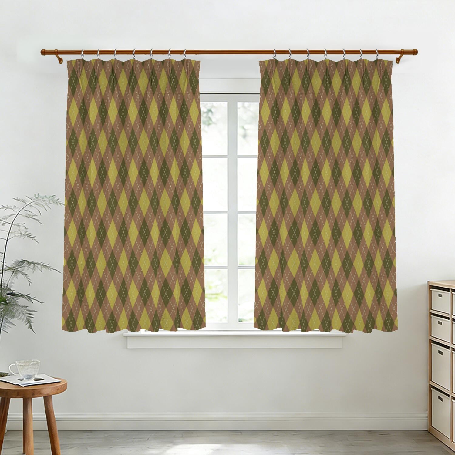 Argile Window Brown and Yellow Argyle Pattern Pinch Pleat Semi Sheer Linen Curtains ...