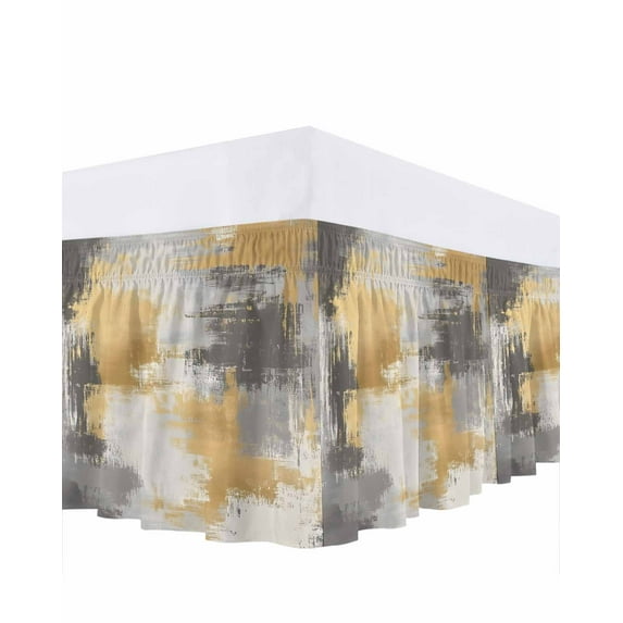 Brown Yellow Bed Skirt California King Size 18" Drop Modern Vintage Abstract Art Ruffled Wrap Around Bed Skirts Adjustable Elastic Bedskirt Dust Ruffle for California King Size Bed
