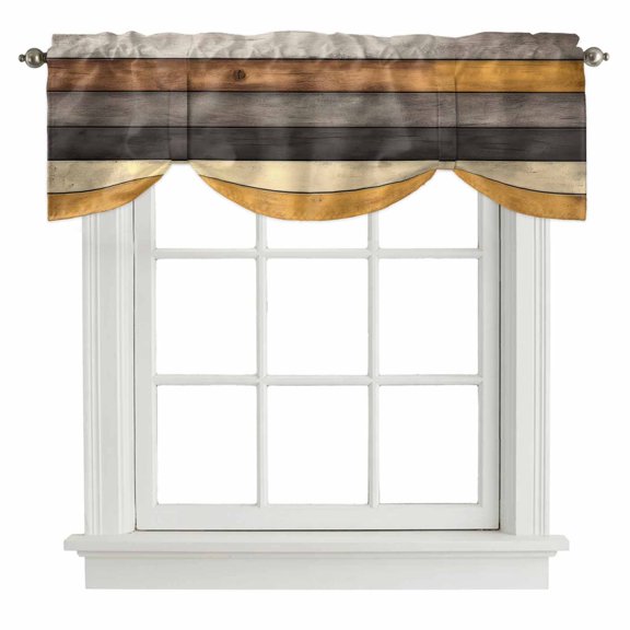 Brown Yellow Black Wood Grain Tie Up Valance Curtains Farmhouse Wooden Board Strip Adjustable Light Filtering Tie Up Valance Small Window Shade for Kitchen Bedroom Cafe 42" W x 12" L