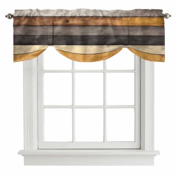 Brown Yellow Black Wood Grain Tie Up Valance for Windows Farmhouse Wooden Board Strip Adjustable Curtain Valance Rod Pocket Balloon Shade Window Treatment for Kitchen Living Room Bedroom 60x18inch