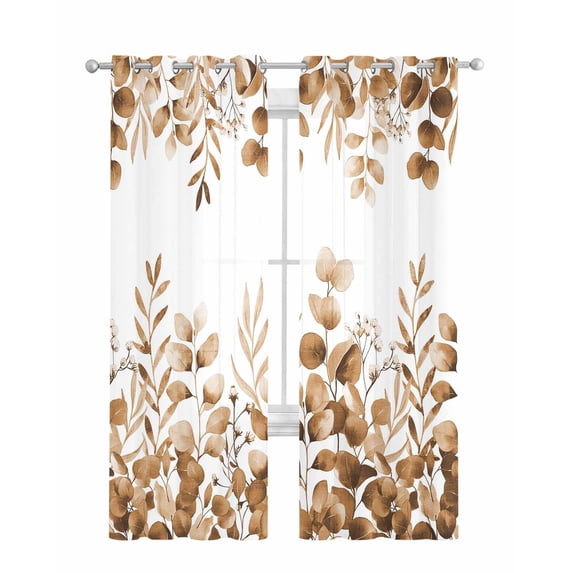 Brown Yellow Eucalyptus Leaves Sheer Curtains 84 Inch Length 2 Panels Set for Living Room/Bedroom, Watercolor Spring Summer Botanical Kitchen Curtains Grommet Curtains Window Treatments 42"x84"x2