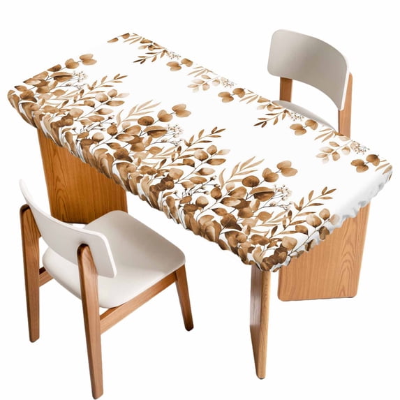 Brown Yellow Eucalyptus Leaves Table Cloths for 5 Foot Rectangle Tables, Watercolor Spring Summer Botanical Patio Waterproof Elastic Fitted Tablecloths, Washable Rectangular Table Cover for Camping