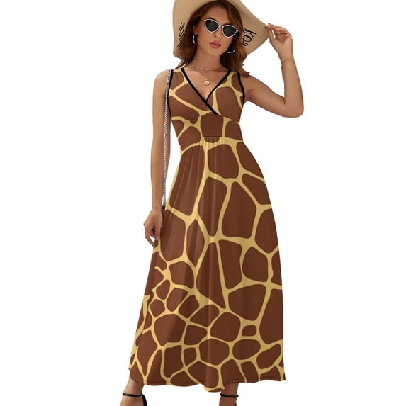 Brown Yellow Giraffe Print Pattern Dress Summer Street Style Bohemia Long Dresses Female Sleeveless Printed Maxi Dress