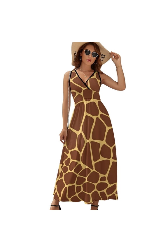 Brown Yellow Giraffe Print Pattern Dress Summer Street Style Bohemia Long Dresses Female Sleeveless Printed Maxi Dress
