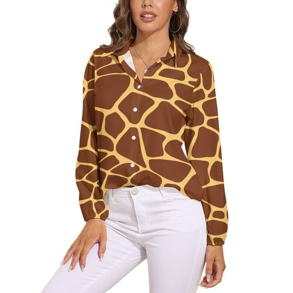 Brown Yellow Giraffe Print Pattern Long Sleeve Blouse Woman Streetwear Casual Shirts Summer Oversize Woman Streetwear Clothing Birthday Present