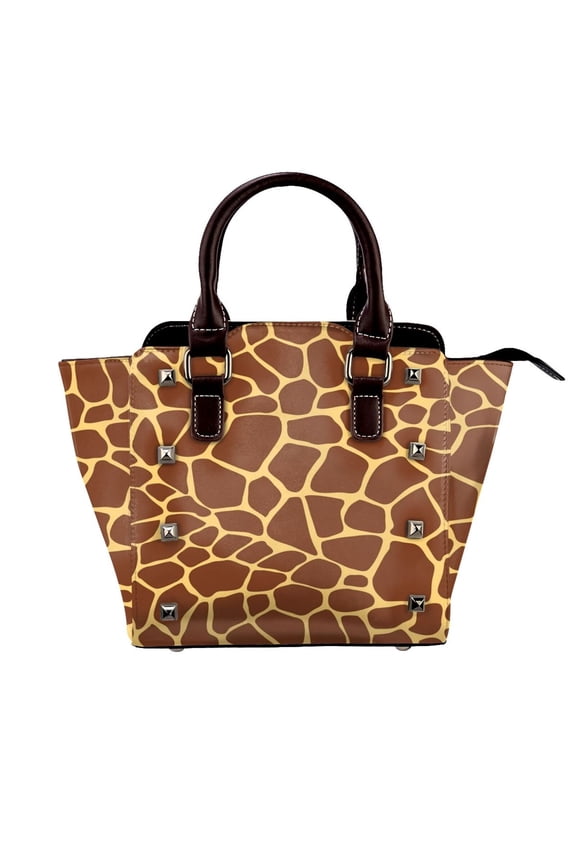 Brown Yellow Giraffe Print Pattern Rivet Fashion One-Shoulder Women's Handbag Tote Bag