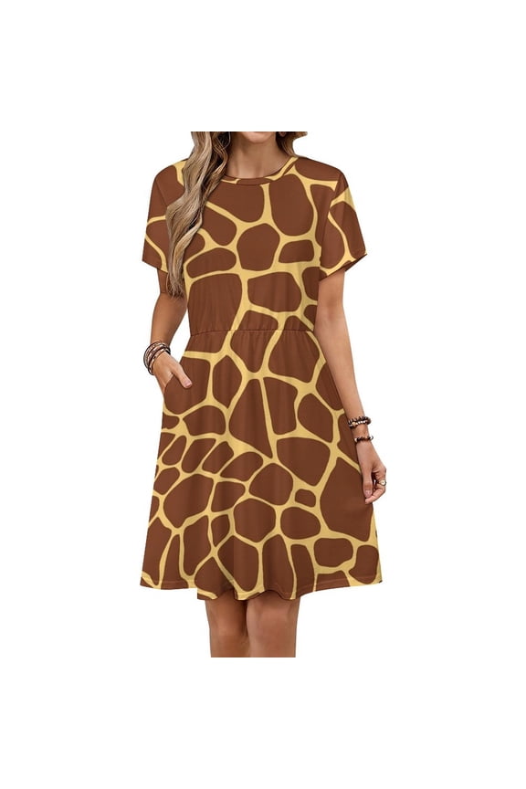 Brown Yellow Giraffe Print Pattern Women's Dress Short Sleeve Summer Sundress Summer Women Clothes