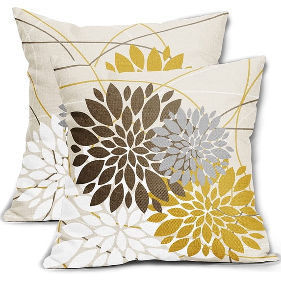 Brown Yellow Pillow Covers 18x18 Dahlia Flower White Gray Elegant Colored Throw Pillows Farmhouse Outdoor Decor for Home Living Room Sofa Bed Modern Floral Linen Square Cushion Case, Set of 2
