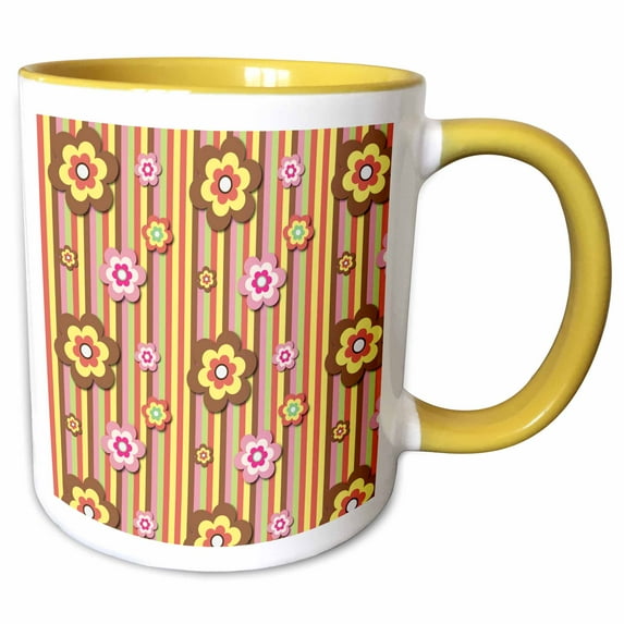 3drose, Brown, Yellow, Pink and White Grapic Flowers on a Striped Background, 11oz Two-tone Yellow Mug
