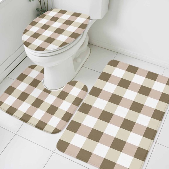 Brown Yellow Plaid Bathroom Rugs Set Simple Pattern Non Slip Absorbent Soft Bath Mats 3 Piece Set with Bathroom Rug, U-Shaped Floor Mat, Toilet Seat Cover Large Size