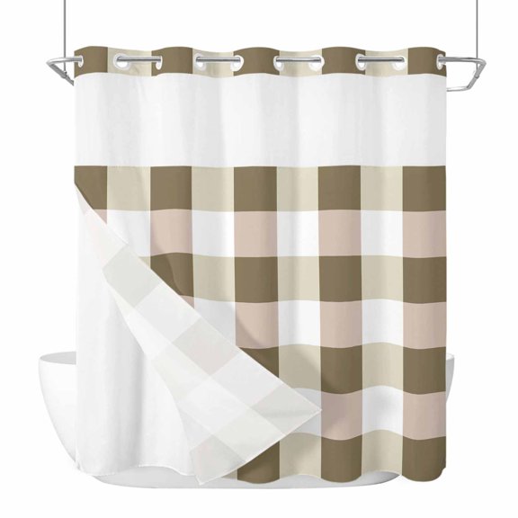 Brown Yellow Plaid No Hooks Shower Curtain with Snap-in Liner Simple Pattern Shower Curtains for Bathroom, Waterproof, Easy Install, Washable 66"x72"