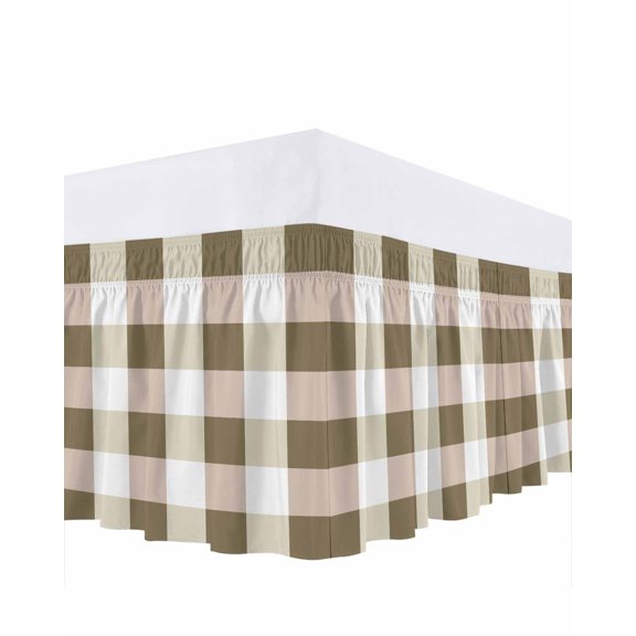 Brown Yellow Plaid Ruffle Bed Skirt Queen Size Simple Pattern Adjustable Elastic Dust Bed Skirts Wrap Around Bedskirt Wrinkle Free Easy Fit with 16 Inch Drop