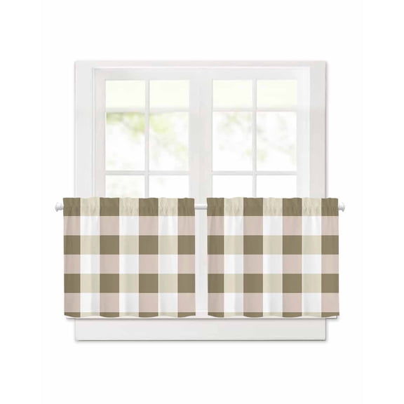 Brown Yellow Plaid Short Blackout Curtains 30Inch Long Simple Pattern Rod Pocket Kitchen Curtains, 2 Panels Thermal Insulated Room Darkening Drapes for Bedroom, 30"W x 30"L