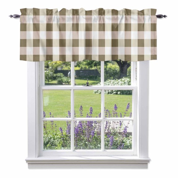 Brown Yellow Plaid Valance Curtain Simple Pattern Window Valances Rod Pocket Short Curtains Window Treatments for Kitchen Bedroom Bathroom Laundry 54" x 18"