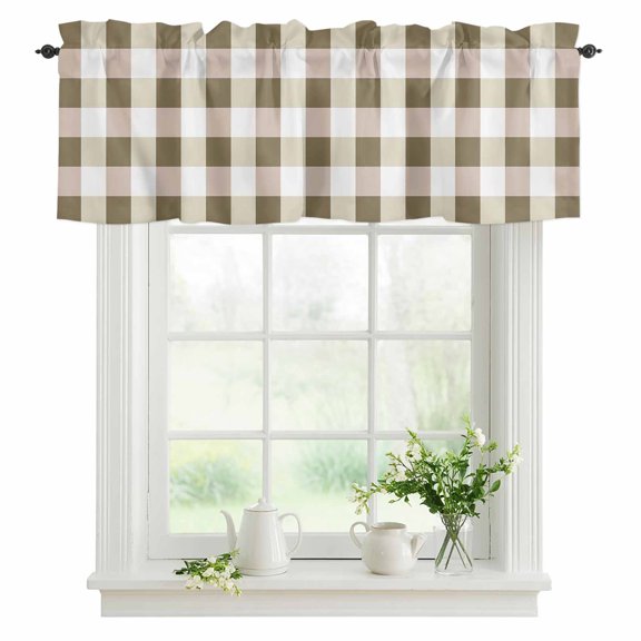 Brown Yellow Plaid Valances for Windows, Simple Pattern Valance Rod Pocket Window Treatments Curtains for Kitchen Small Windows Living Room Bedroom Bathroom 54"x18"