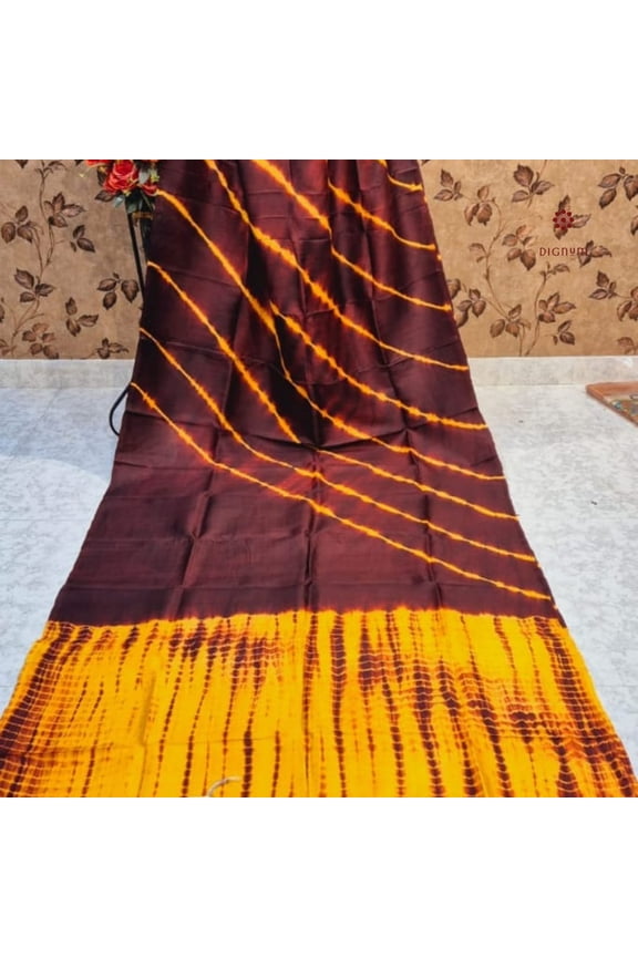 Brown Yellow Pure Silk Bandhani Shibori Saree