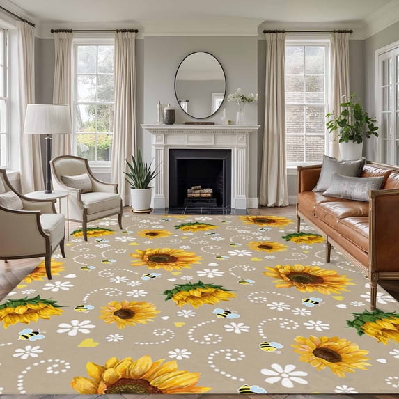 Brown Yellow Sunflower Area Rugs 6'x9', Washable Small Throw Rugs for Kitchen Dining room, Summer Botanical Farmhouse Floral Indoor Outdoor Rug Non-Slip Low Pile Carpet Runner Reversible Floor Mats