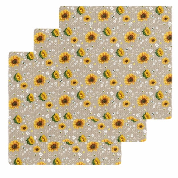 Brown Yellow Sunflower Kitchen Dish Towels for Drying Dishes Set of 3, Summer Botanical Farmhouse Floral Waffle Weave Microfiber Hand Tea Bathroom Towels Quick Dry & Absorbent Towel 12x12