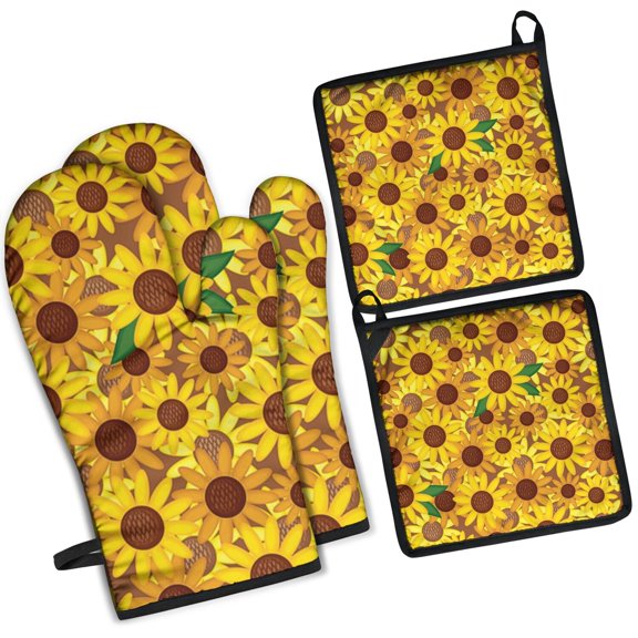 Brown Yellow Sunflower Pattern Kitchen Oven Mitt and Pot Holder Sets 4 Pcs for Baking, Cooking and Grilling, Heat Resistant Up To 392 °F