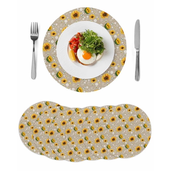 Brown Yellow Sunflower Round 13 Inch Placemats Set of 6, Summer Botanical Farmhouse Floral HeatResistant Non Slip Place Mats for Dining Table, Wipeable Braided Kitchen Table Mats for Housewarming