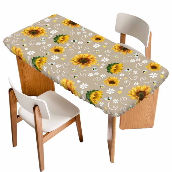 Brown Yellow Sunflower Table Cloths for 5 Foot Rectangle Tables, Summer Botanical Farmhouse Floral Patio Waterproof Elastic Fitted Tablecloths, Washable Rectangular Table Cover for Camping