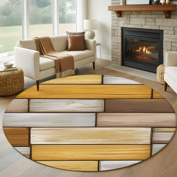 Brown Yellow Vintage Round Area Rug 7Ft Washable Circle Rugs for Dorm Laundry Room, Retro Farmhouse Elegant Pastoral Non-Slip Carpet Floor Mats Indoor Outdoor Carpet Runner Aesthetic Home Decor