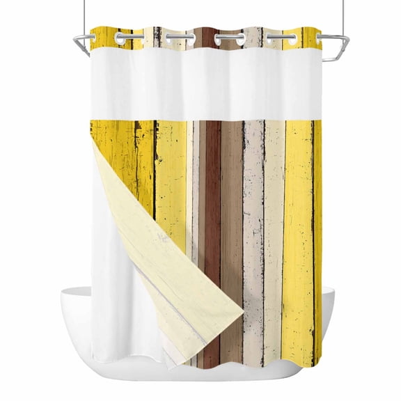 Brown Yellow Wood No Hook Shower Curtain and Snap in Liner Set, Modern Vintage Wood Texture Rectangle Waterproof Shower Curtain Liner Set with Mesh Top Window for Bathroom 48x72in
