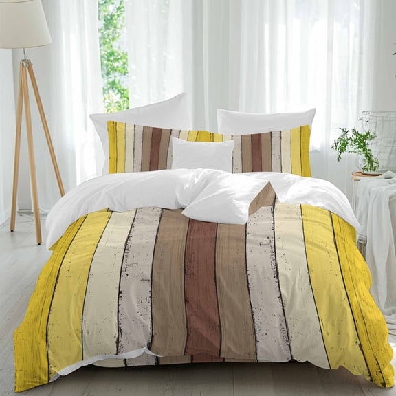 Brown Yellow Wood Queen Size Comforter Set, Modern Vintage Wood Texture Rectangle Bedding for All Seasons, 4 Pcs Bed Set, 1Quiltcover (90"x92") ,1Sheet(94"x116"), 2Pillowcases (30"x20")