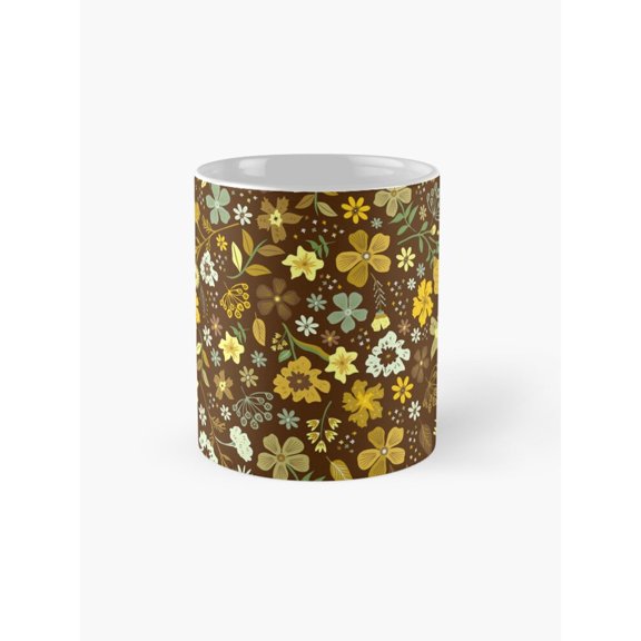 Brown Yellow and Green Folk Floral Botanical Mug, 11oz Ceramic, Full-Wrap Flower and Leaf Pattern