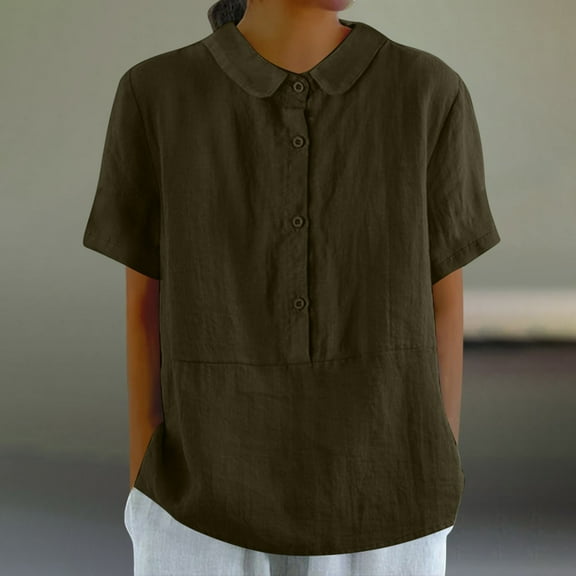 Brown Young Adult Tops Linen Shirts for Women Short Sleeve Button Down Up Shirt Casual Collared V Neck Tops Shirts Blouses Trendy Summer Tops Plus Size Tops for Women