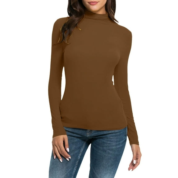 Brown Young Adult Tops Women Casual Solid Long Sleeve Mock Turtleneck Blouse Tops Slim Fit Stretchy Layer Tee Shirts Plus Size Tops for Women