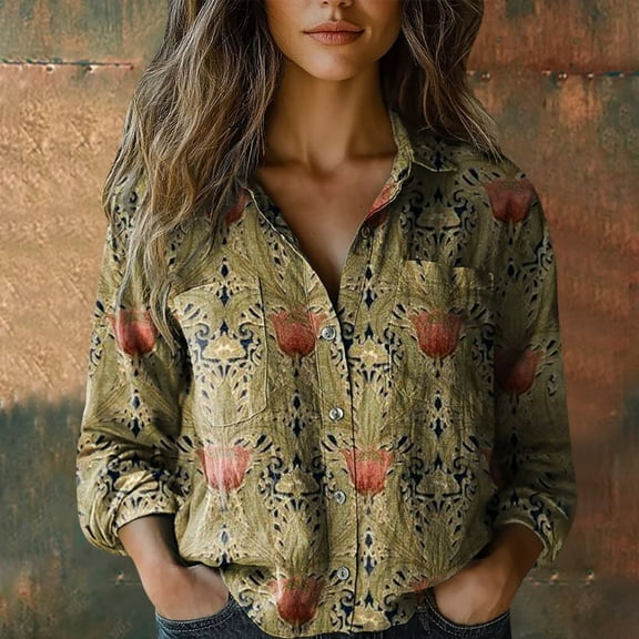 Brown Young Adult Tops Women Cotton Shirt Printed Fashion Button Down Shirts Casual Tops Long Sleeve Blouse Plus Size Tops for Women