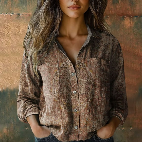 Brown Young Adult Tops Women Cotton Shirt Printed Fashion Button Down Shirts Casual Tops Long Sleeve Blouse Plus Size Tops for Women