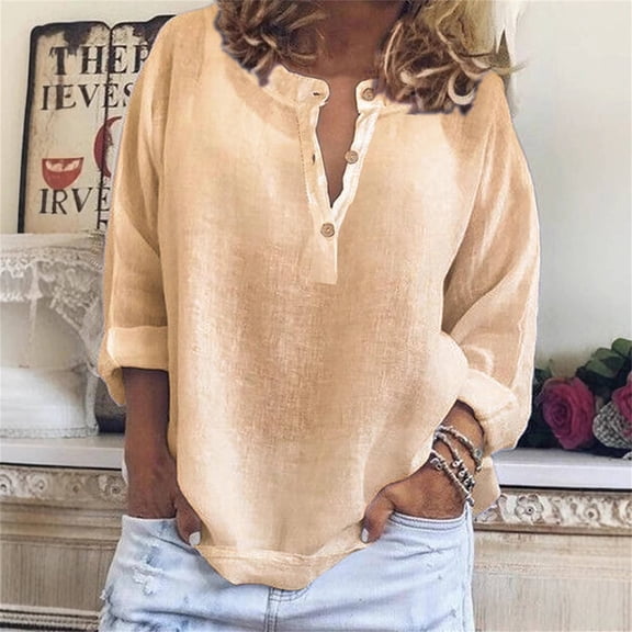 Brown Young Adult Tops Women's Cotton Linen Shirt Solid Color Long Sleeves and V Neck Casual Loose T Shirt Going Out Tops for Women