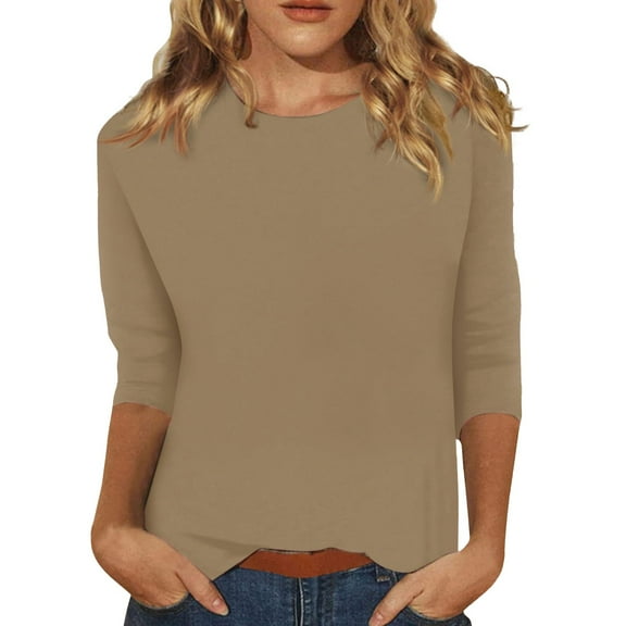 Brown Young Adult Tops Women's Solid Color Round Neck Slim 3/4 Sleeve T Shirt Top Plus Size Tops for Women