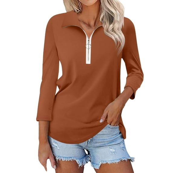 Brown Young Adult Tops Women's V Neck 3/4 Sleeve Tops Quarter Zip Collared Shirts Shirts Summer Tees Plus Size Tops for Women