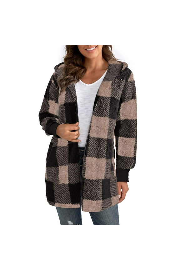 Brown Young Adult Tops Womens Winter Coats Warm Plush Hooded Jackets Up Button Cardigan Trendy Plaid Fuzzy Outerwear Plus Size Tops for Women