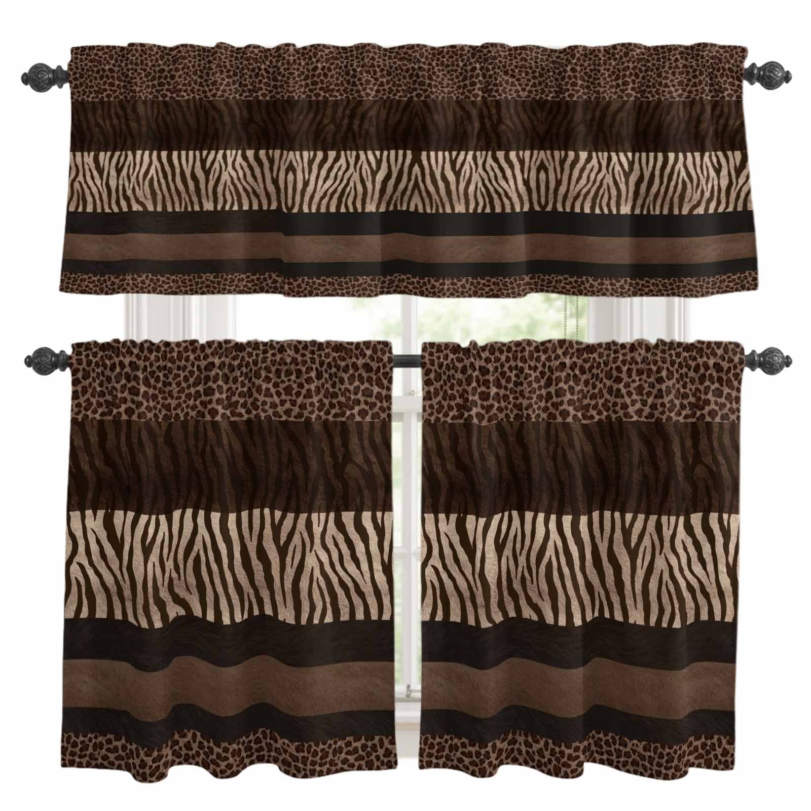 Brown Zebra Leopard Print Kitchen Curtains and Valances Set, Country