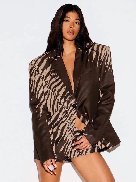 Brown Zebra Print Oversized Blazer With Satin Finish Lapel Collar Single