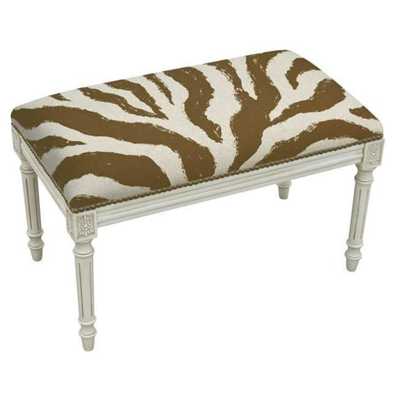 Brown Zebra Stripes Upholstered Linen Solid Wood Bench with Nailheads - Antique White