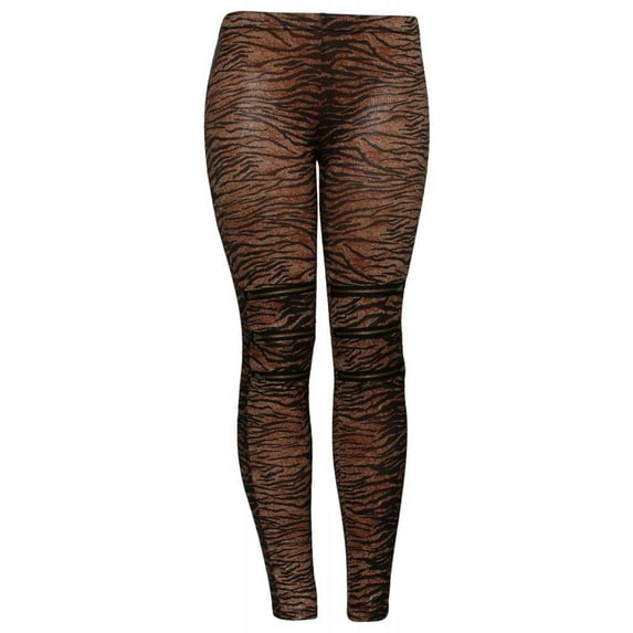 Brown Zebra Zippered Knees Ladies Leggings Shear Tights - Small/Medium